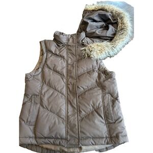 Y2K Gap Down Puffer Vest Brown Detachable Faux Fur Hood Womens Small Vtg 2007